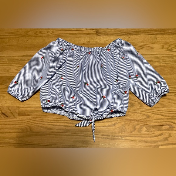 Kontrol Tops - Women’s Kontrol Striped Off Shoulder Crop Blouse w/Floral Embroidery Tie Front